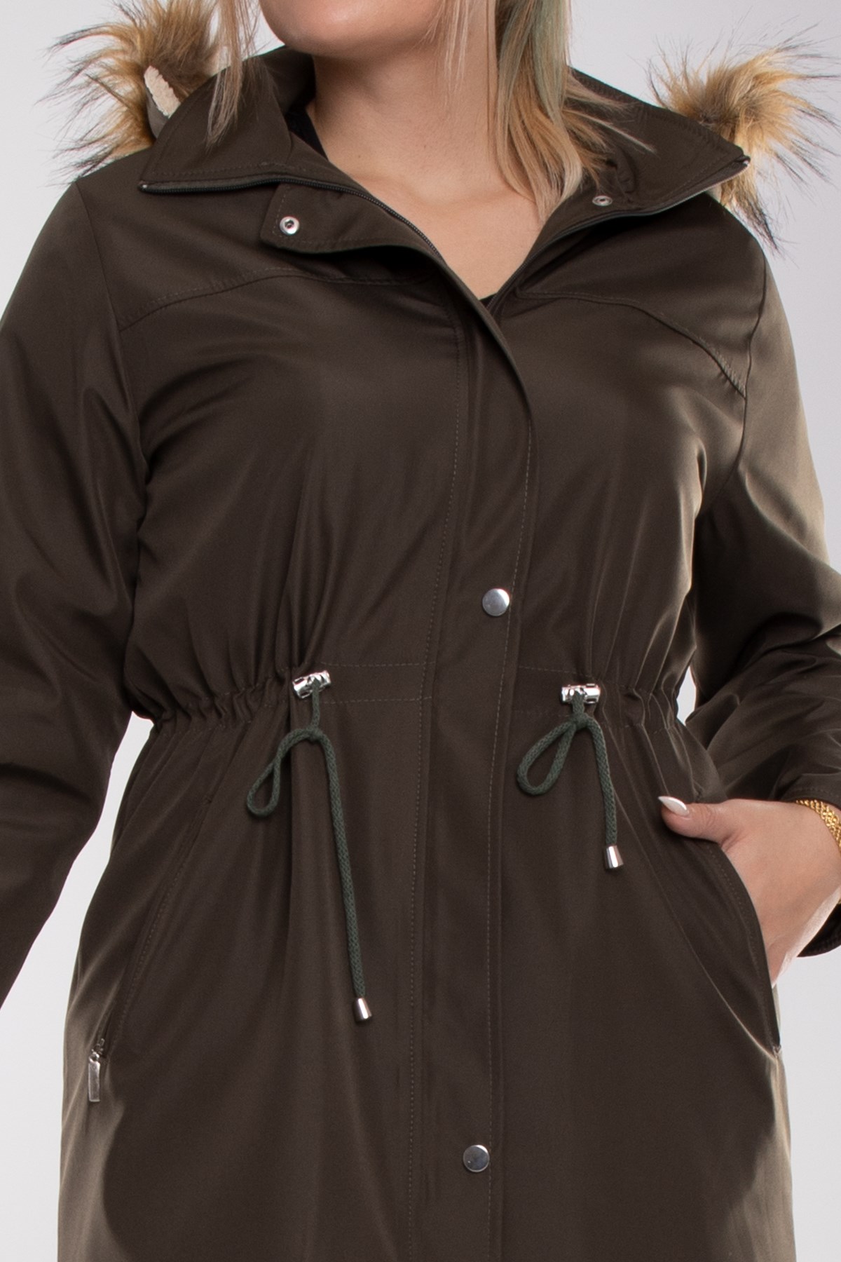 1010 Büyük Beden Kapşonlu Fermuarlı Beli Bağcıklı Uzun Kap