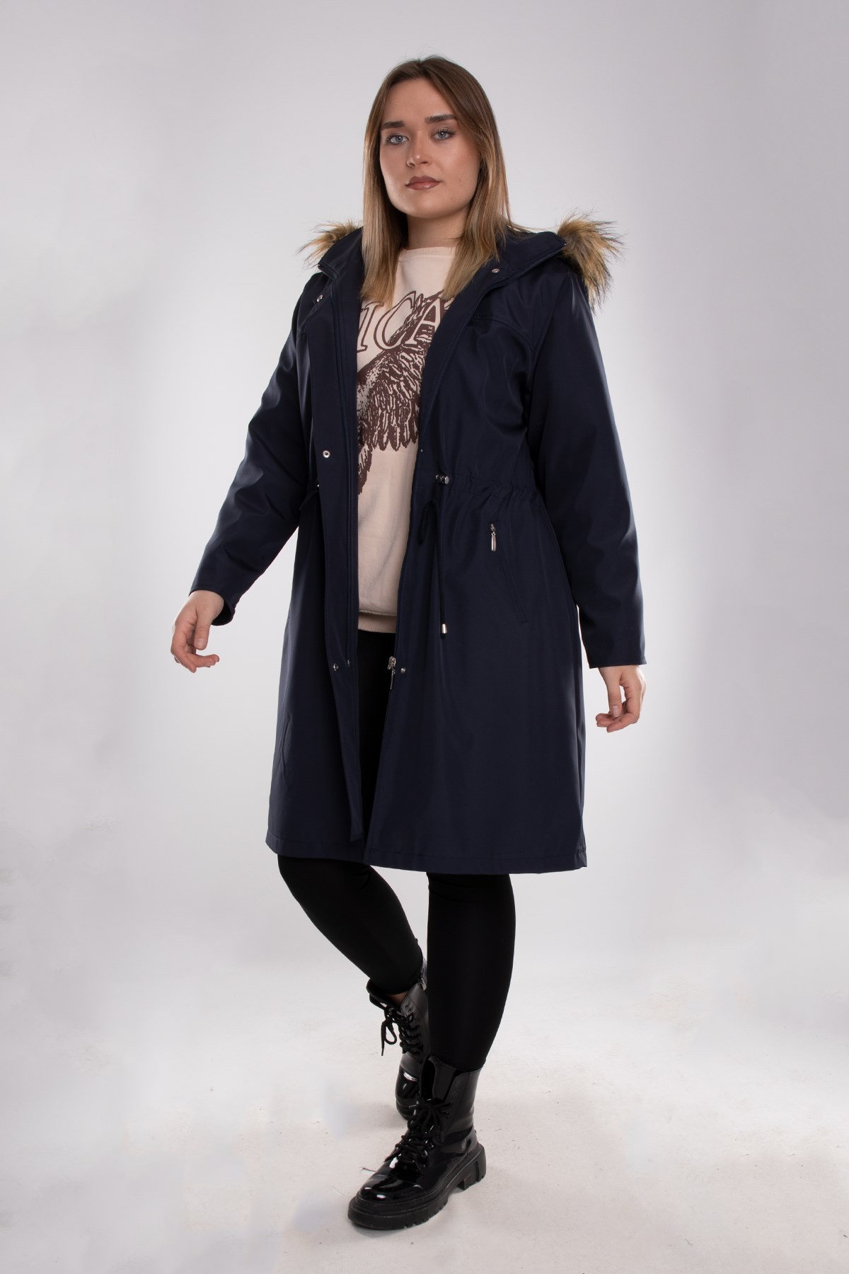 1011 Battal Beden İçi Kürklü Beli Bağcıklı Kapşonlu Uzun Kap