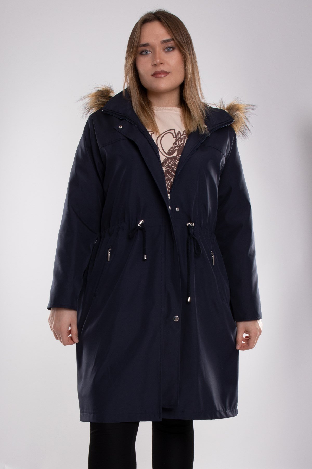 1011 Battal Beden İçi Kürklü Beli Bağcıklı Kapşonlu Uzun Kap