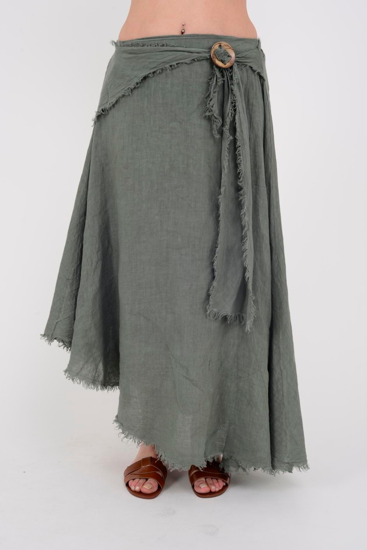 1013 Tokalı Kemerli Saçak Detay Düz Desen Keten Etek