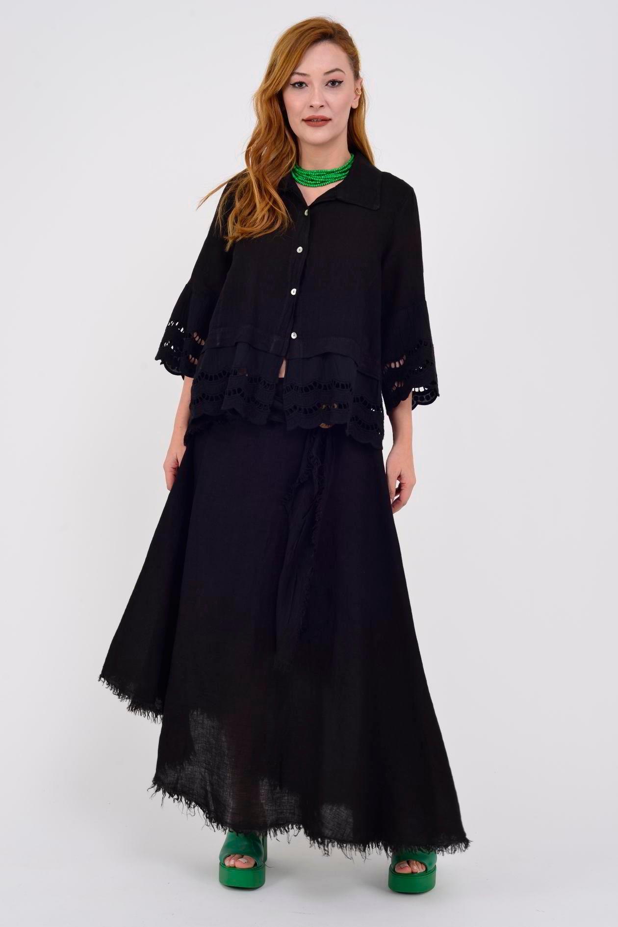 1013 Tokalı Kemerli Saçak Detay Düz Desen Keten Etek