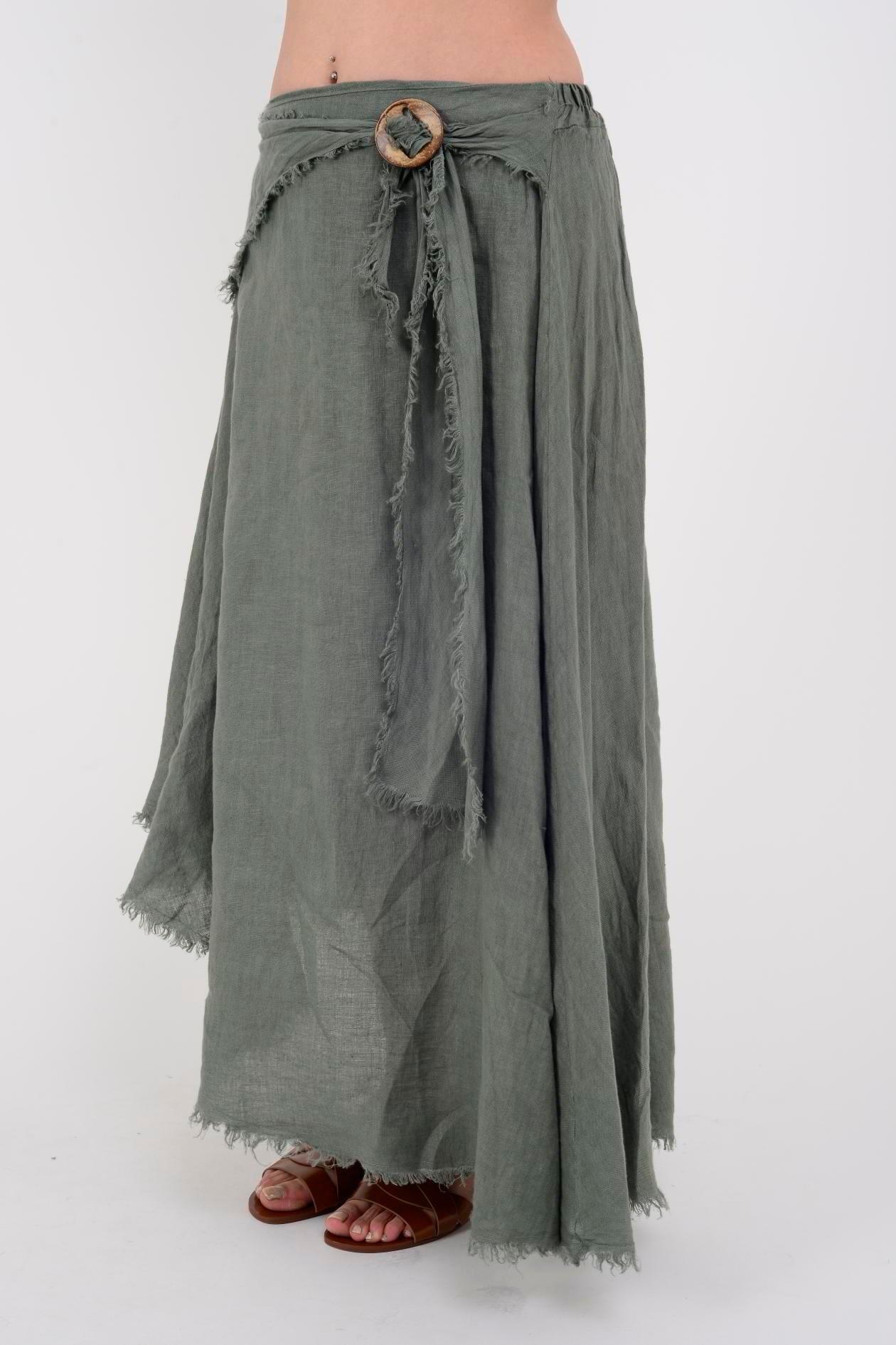 1013 Tokalı Kemerli Saçak Detay Düz Desen Keten Etek