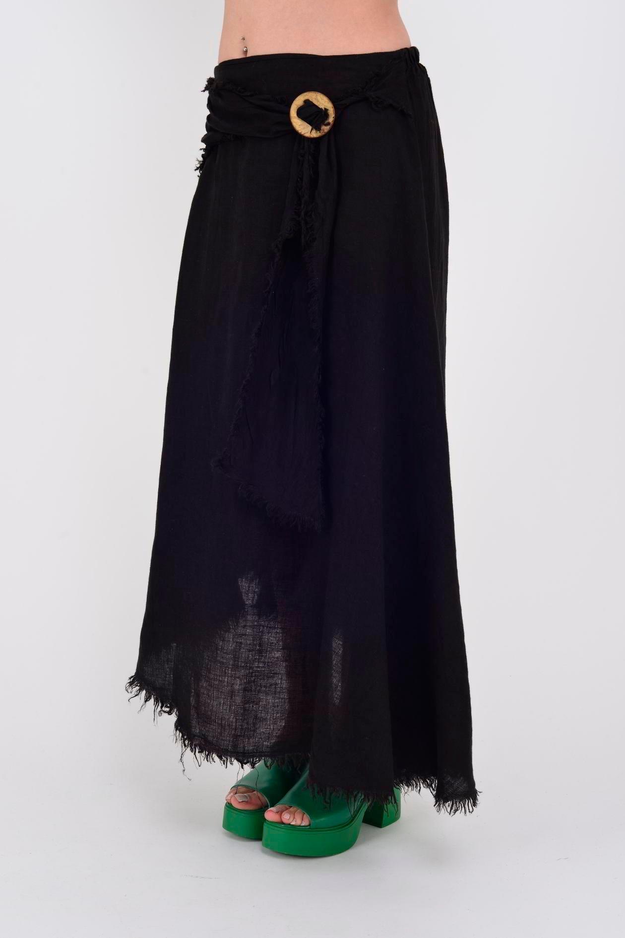 1013 Tokalı Kemerli Saçak Detay Düz Desen Keten Etek