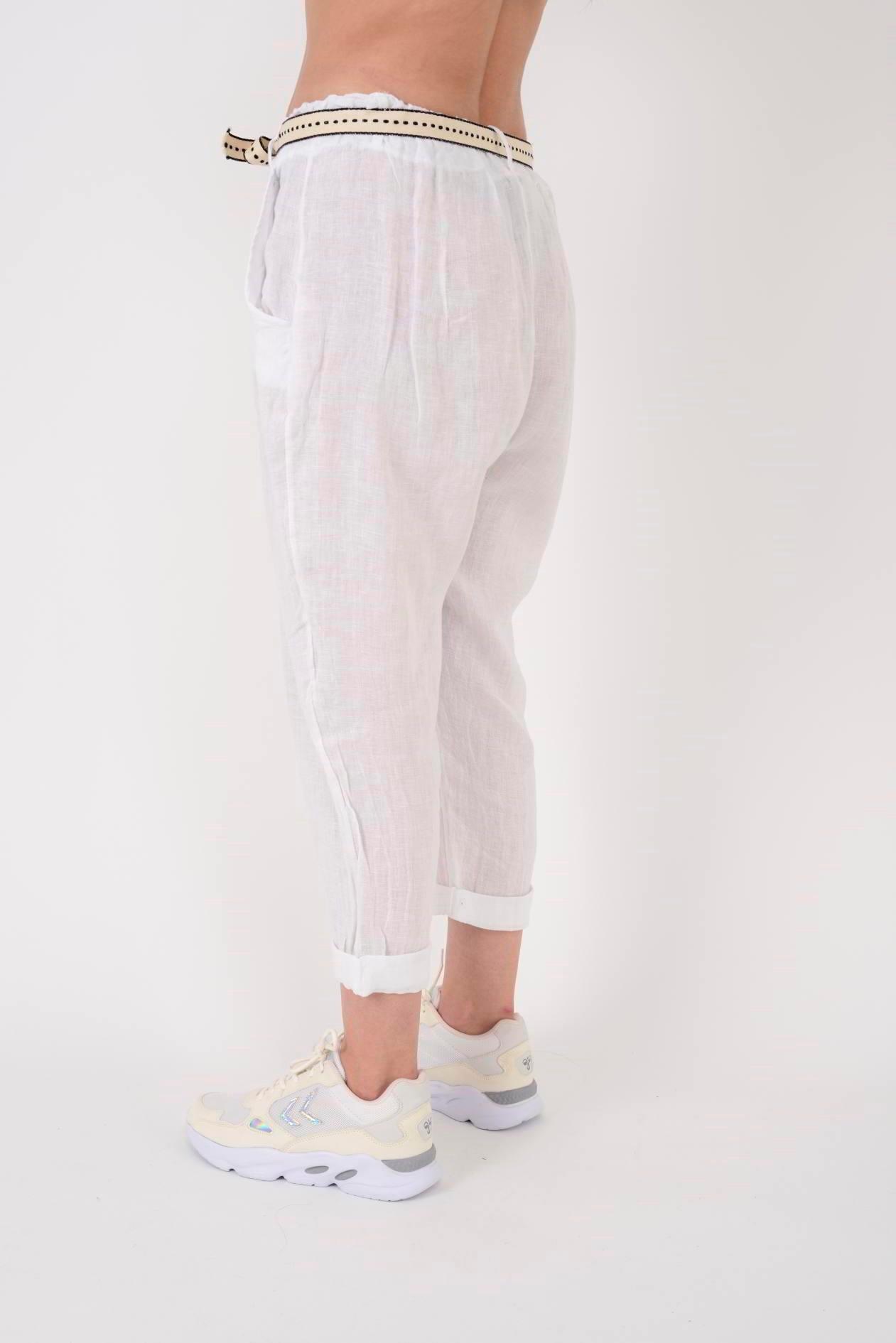 10156H Düz Desen Kemer Detaylı Keten Pantolon