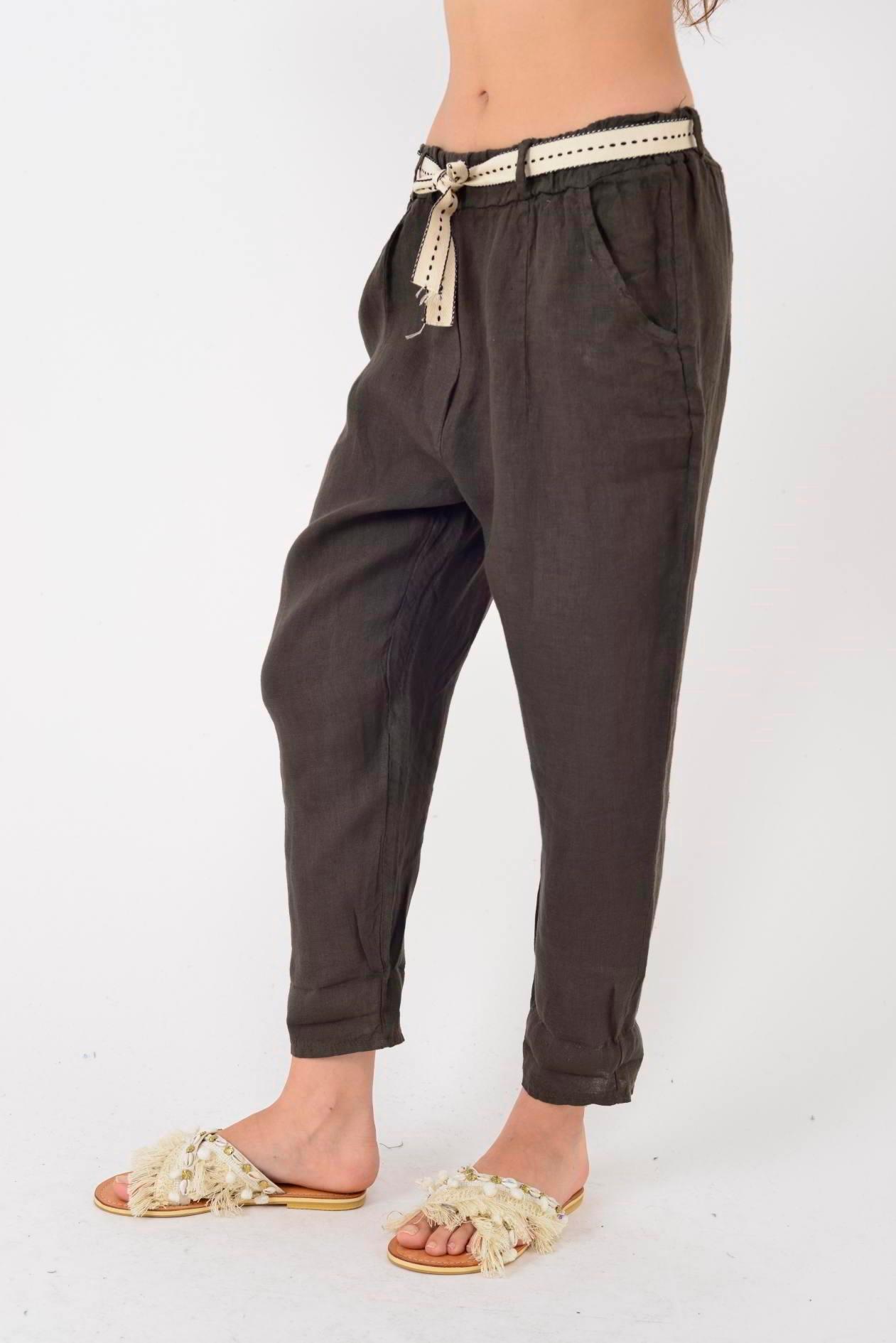 10156H Düz Desen Kemer Detaylı Keten Pantolon