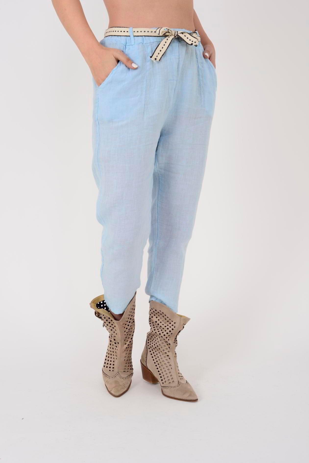 10156H Düz Desen Kemer Detaylı Keten Pantolon