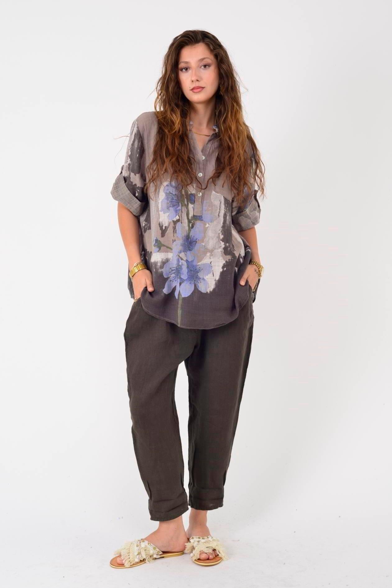 10156H Düz Desen Kemer Detaylı Keten Pantolon