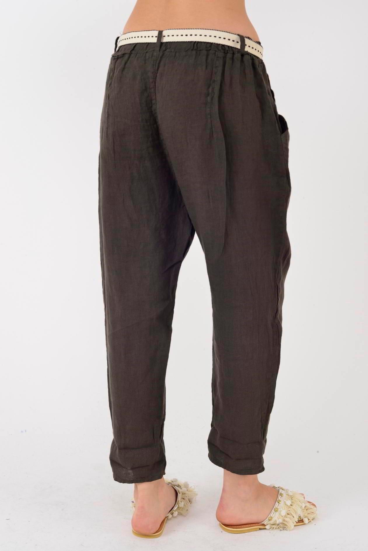 10156H Düz Desen Kemer Detaylı Keten Pantolon