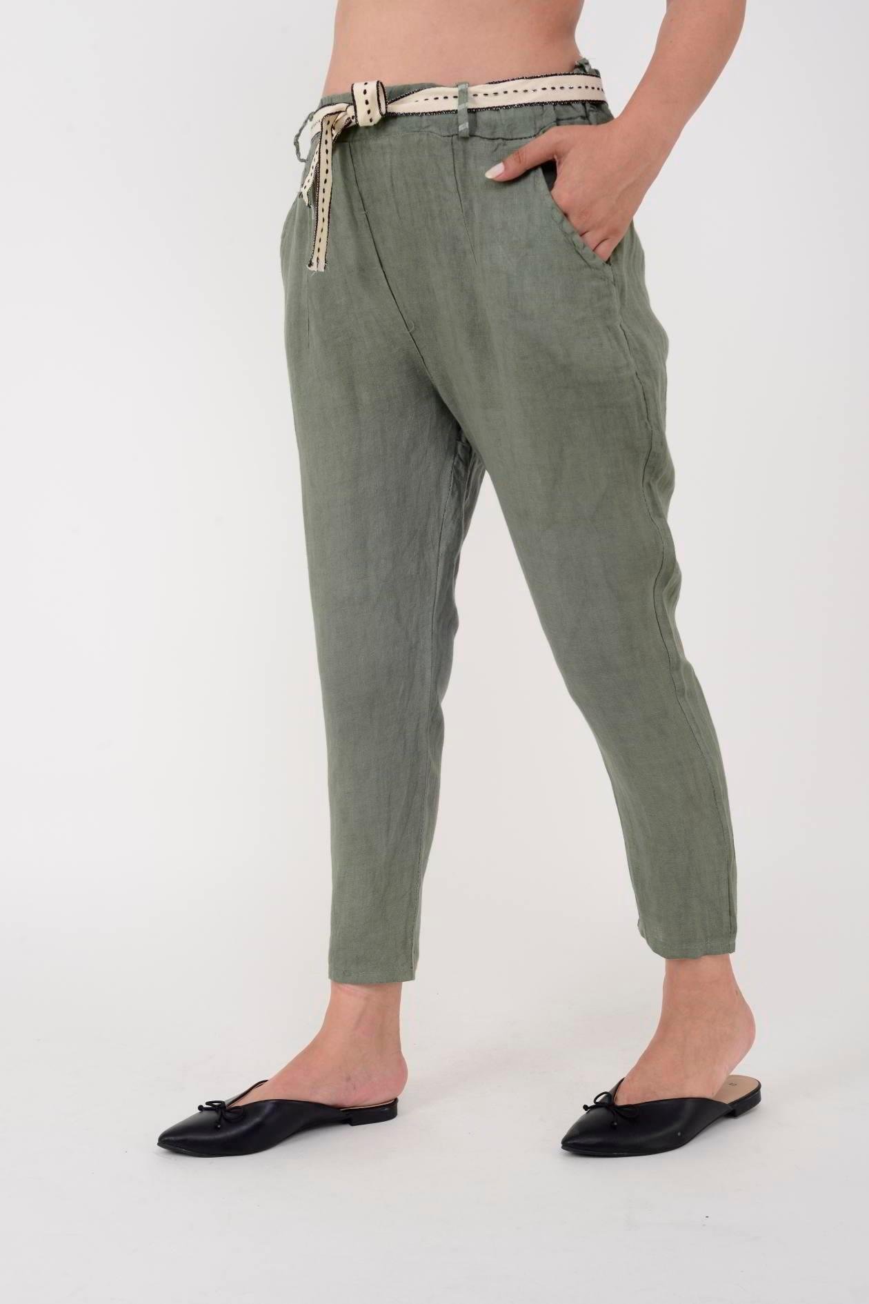 10156H Düz Desen Kemer Detaylı Keten Pantolon