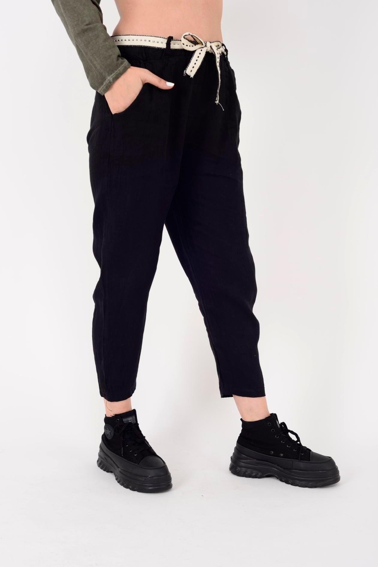 10156H Düz Desen Kemer Detaylı Keten Pantolon