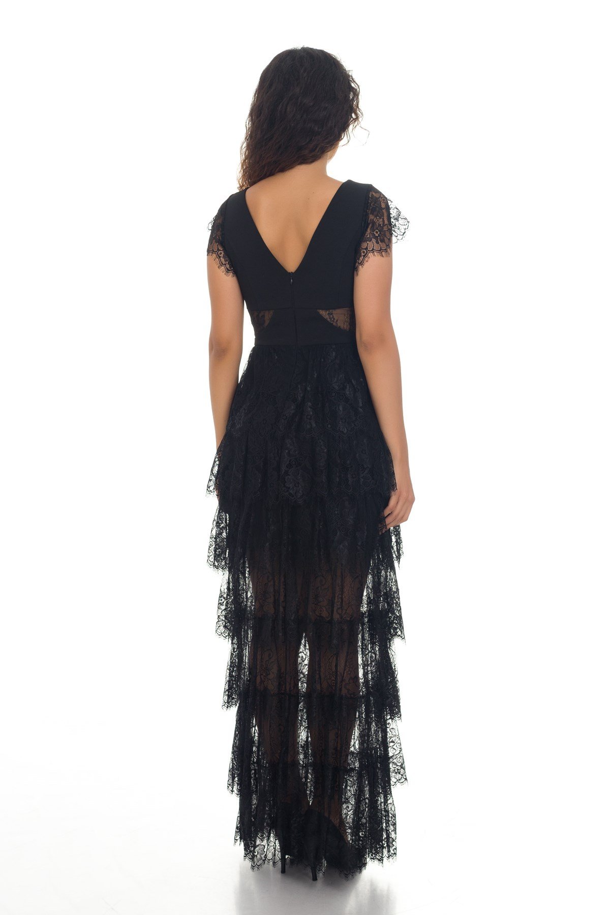 1016 AB Dantel Detay Eteği Katlı Abiye Elbise