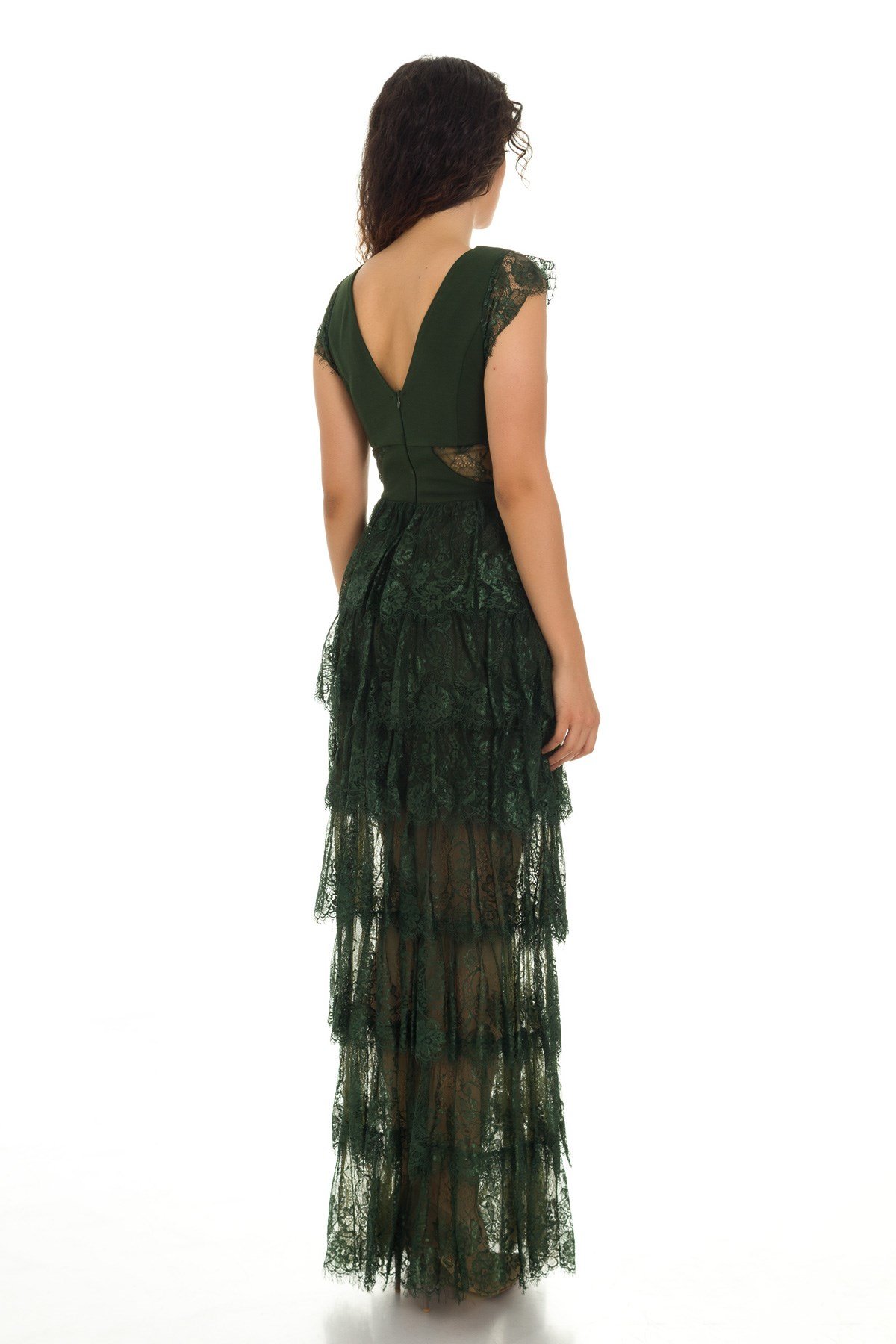 1016 AB Dantel Detay Eteği Katlı Abiye Elbise