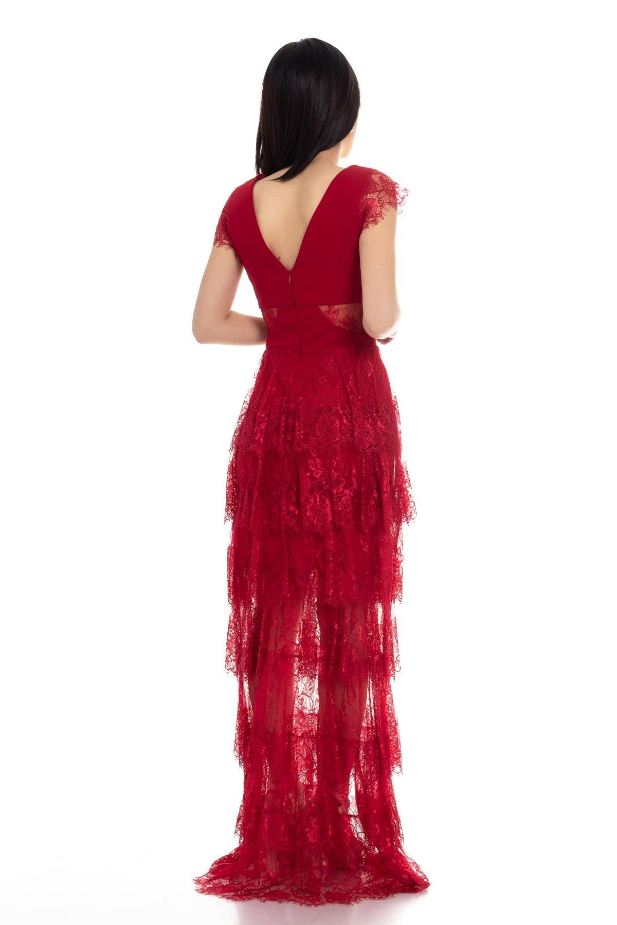 1016 AB Dantel Detay Eteği Katlı Abiye Elbise