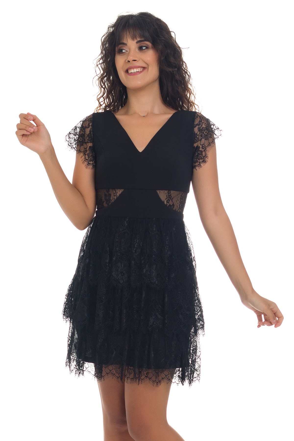 1016 AB Dantel Detay Eteği Katlı Abiye Elbise