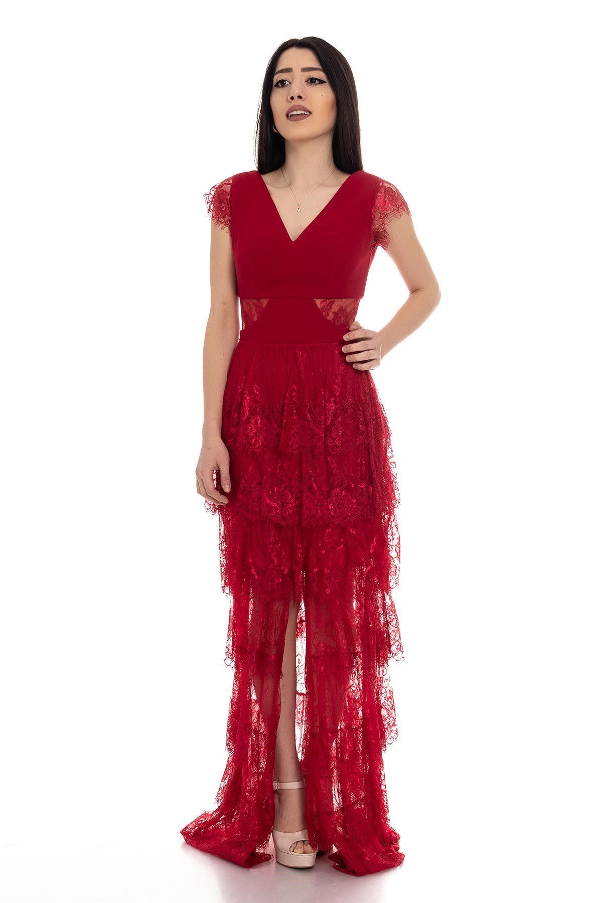 1016 AB Dantel Detay Eteği Katlı Abiye Elbise