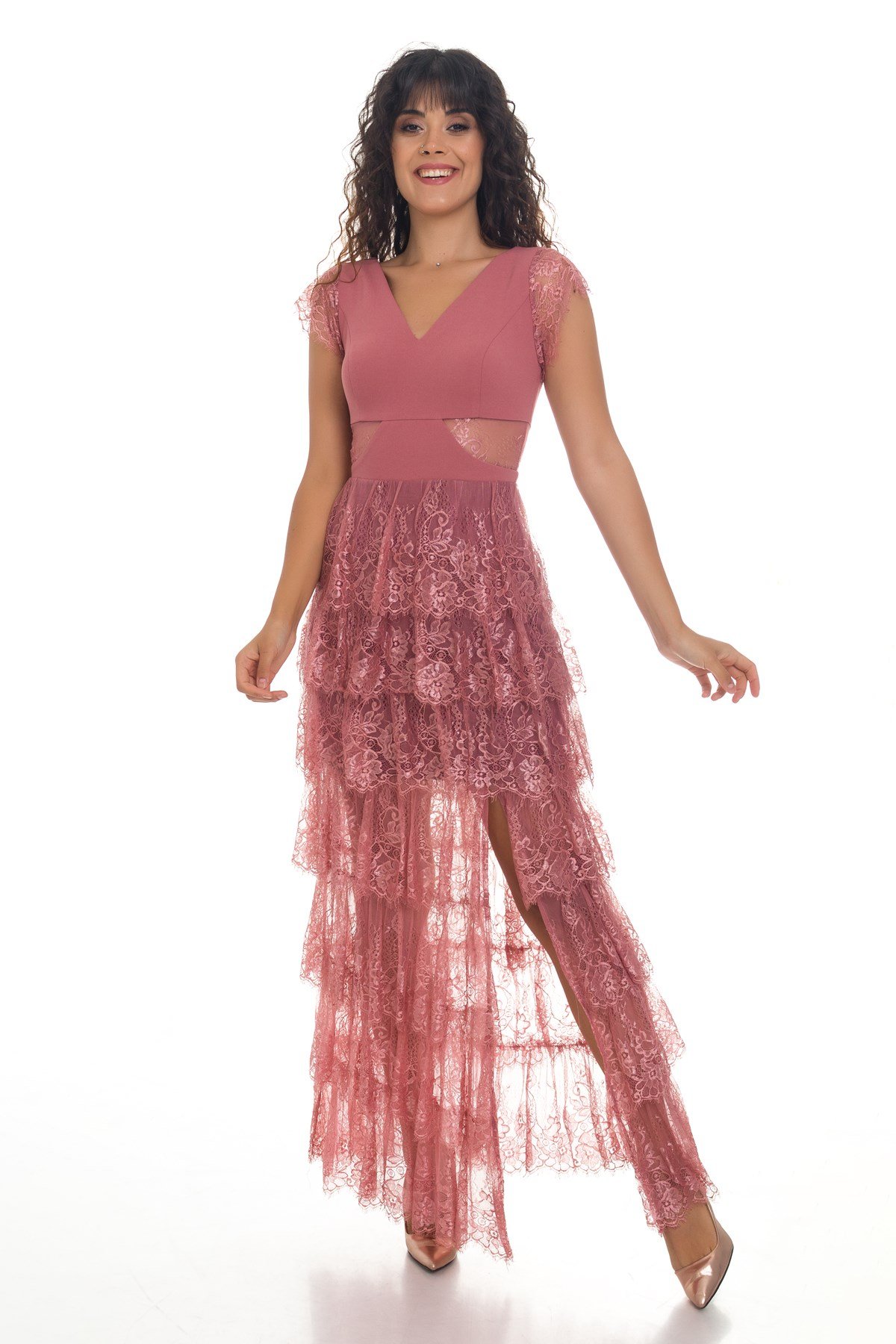 1016 AB Dantel Detay Eteği Katlı Abiye Elbise