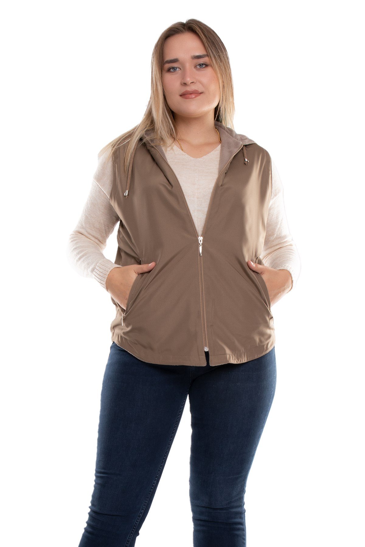 1024 Büyük Beden İçi Polar Kapşonlu Kadın Yelek