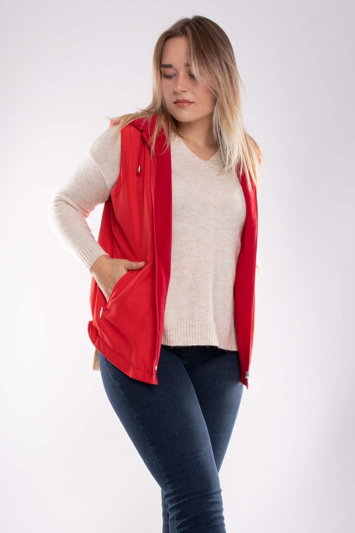 1024 Büyük Beden İçi Polar Kapşonlu Kadın Yelek