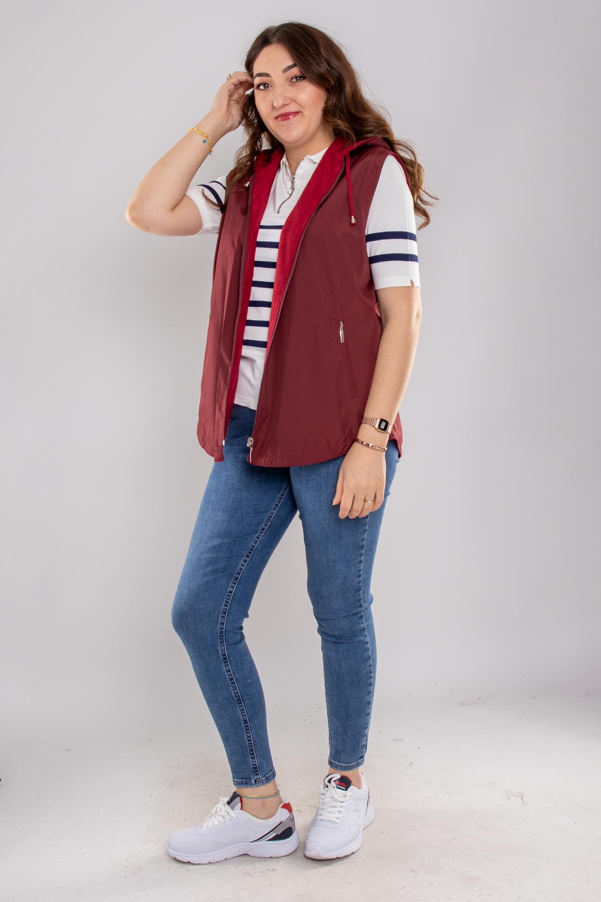 1024 Büyük Beden İçi Polar Kapşonlu Kadın Yelek