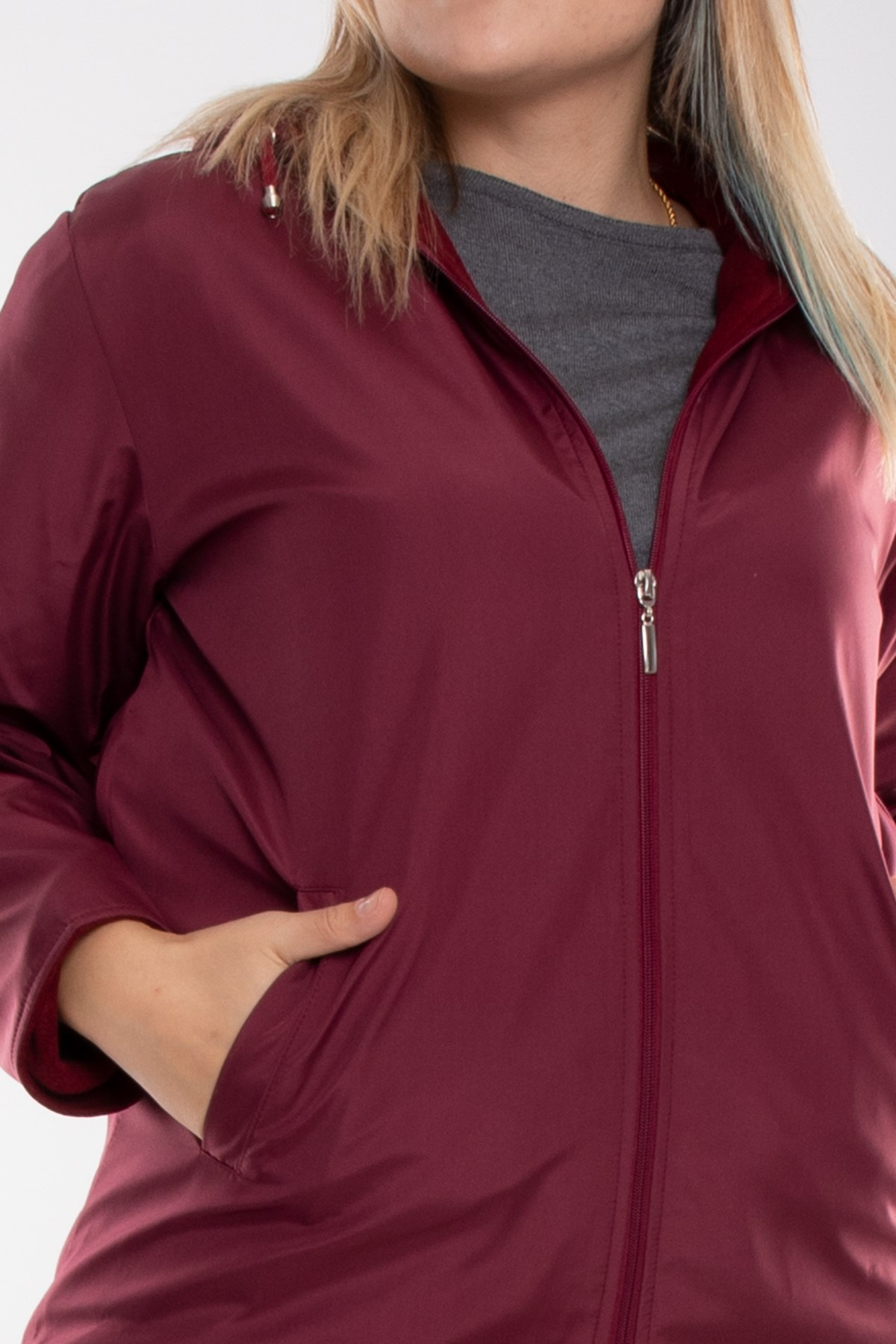 1026 Büyük Beden İçi Polar Cepli Kapşonlu Fermuarlı Yağmurluk