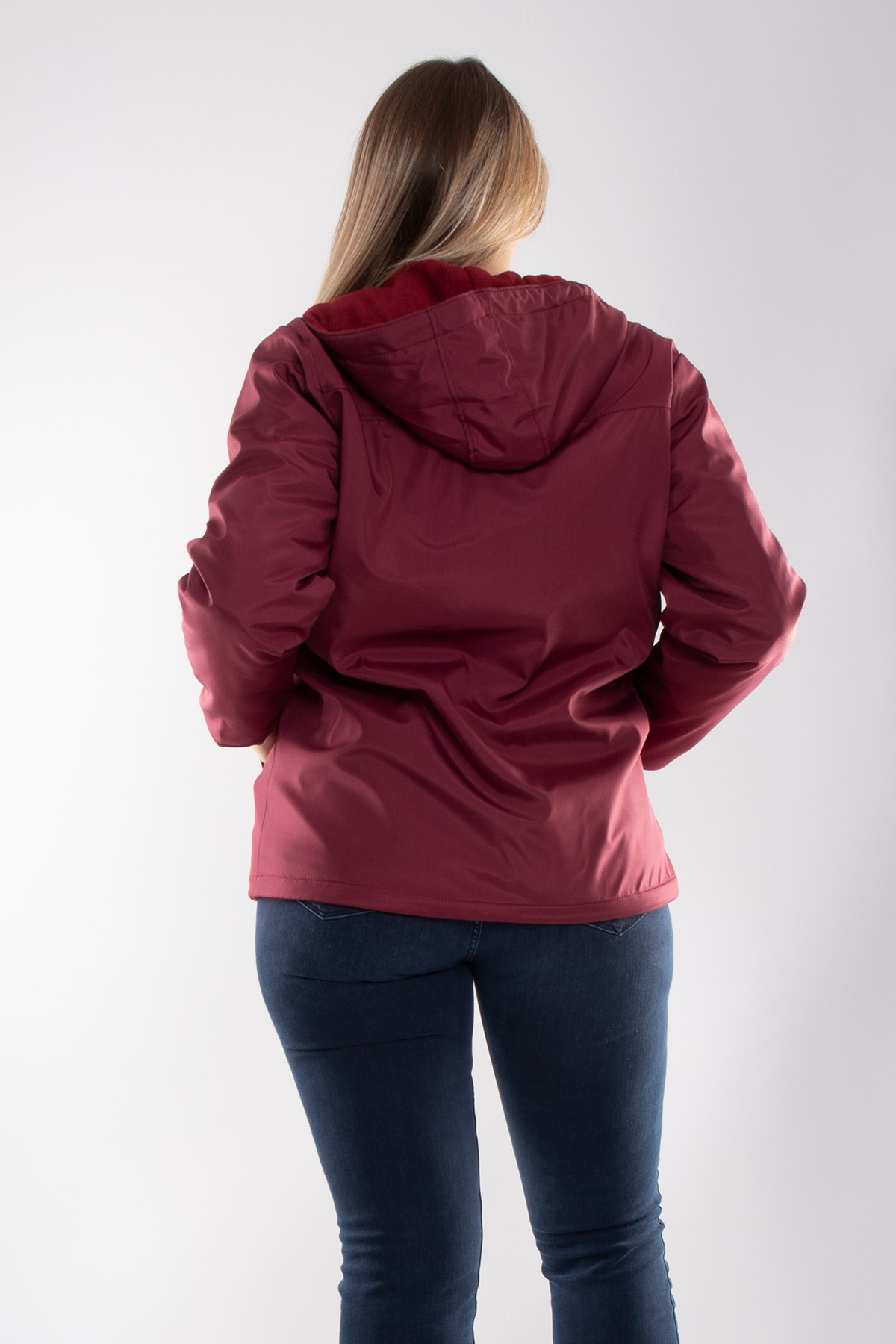 1026 Büyük Beden İçi Polar Cepli Kapşonlu Fermuarlı Yağmurluk