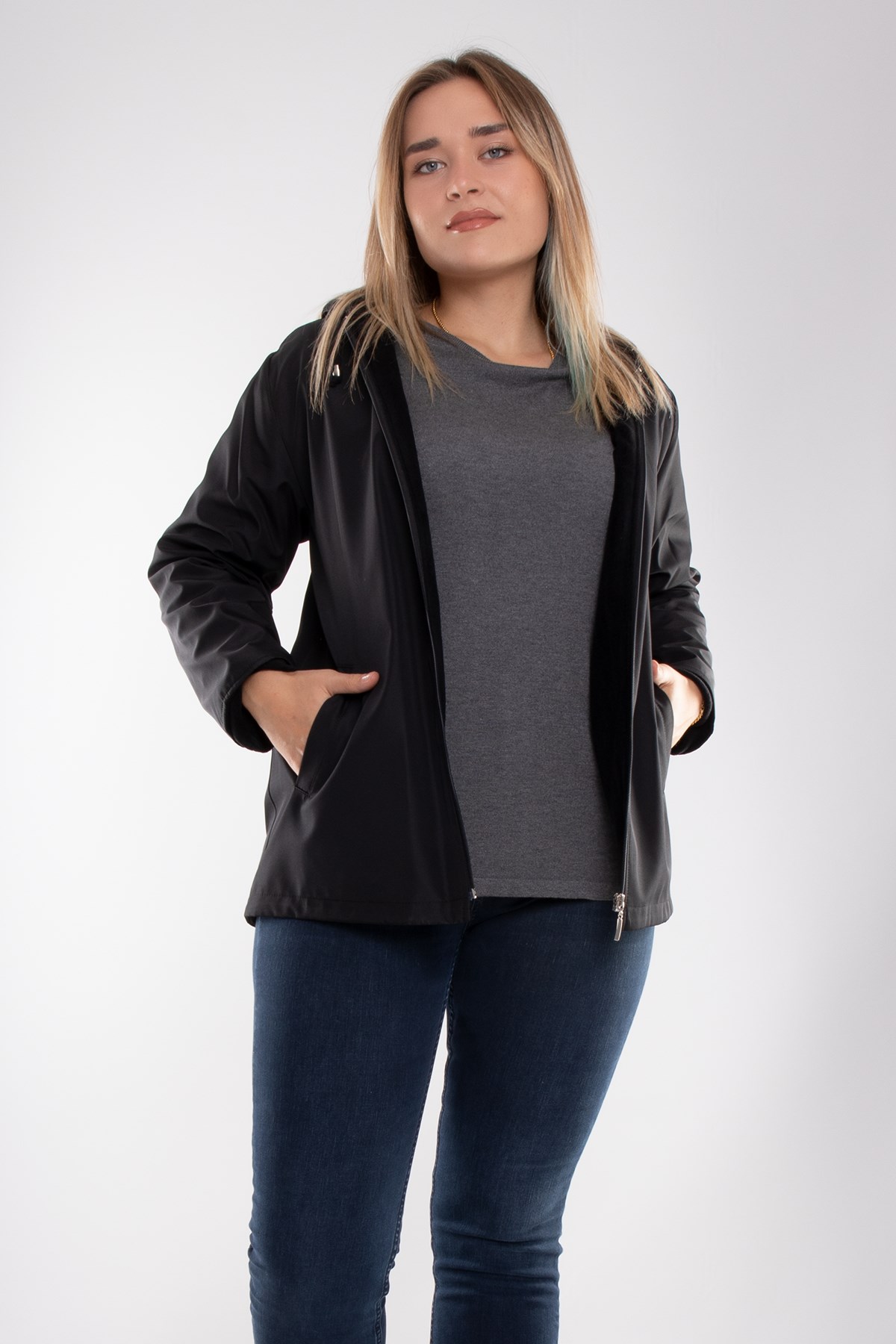 1026 Büyük Beden İçi Polar Cepli Kapşonlu Fermuarlı Yağmurluk