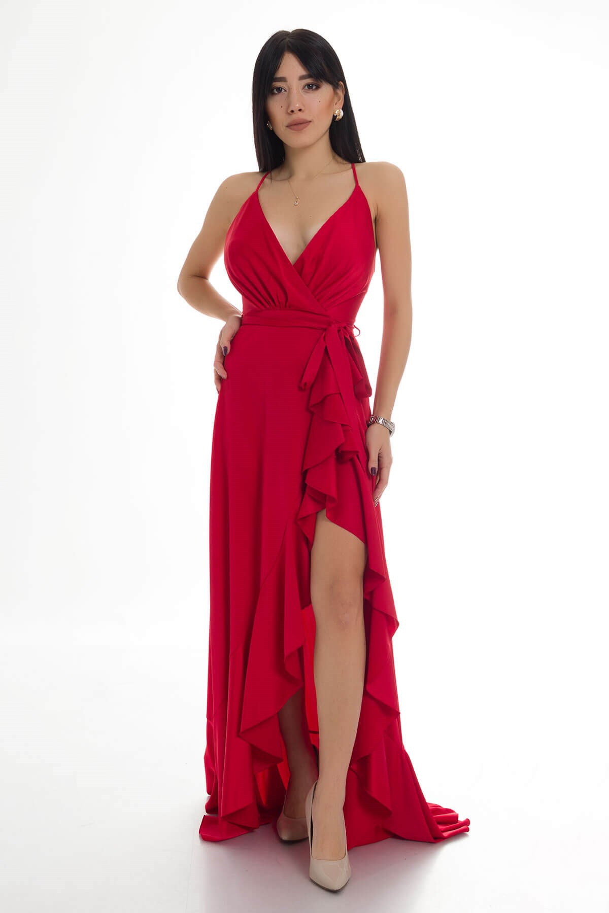 1026 KB Saten Eteği Katkat Uzun Elbise