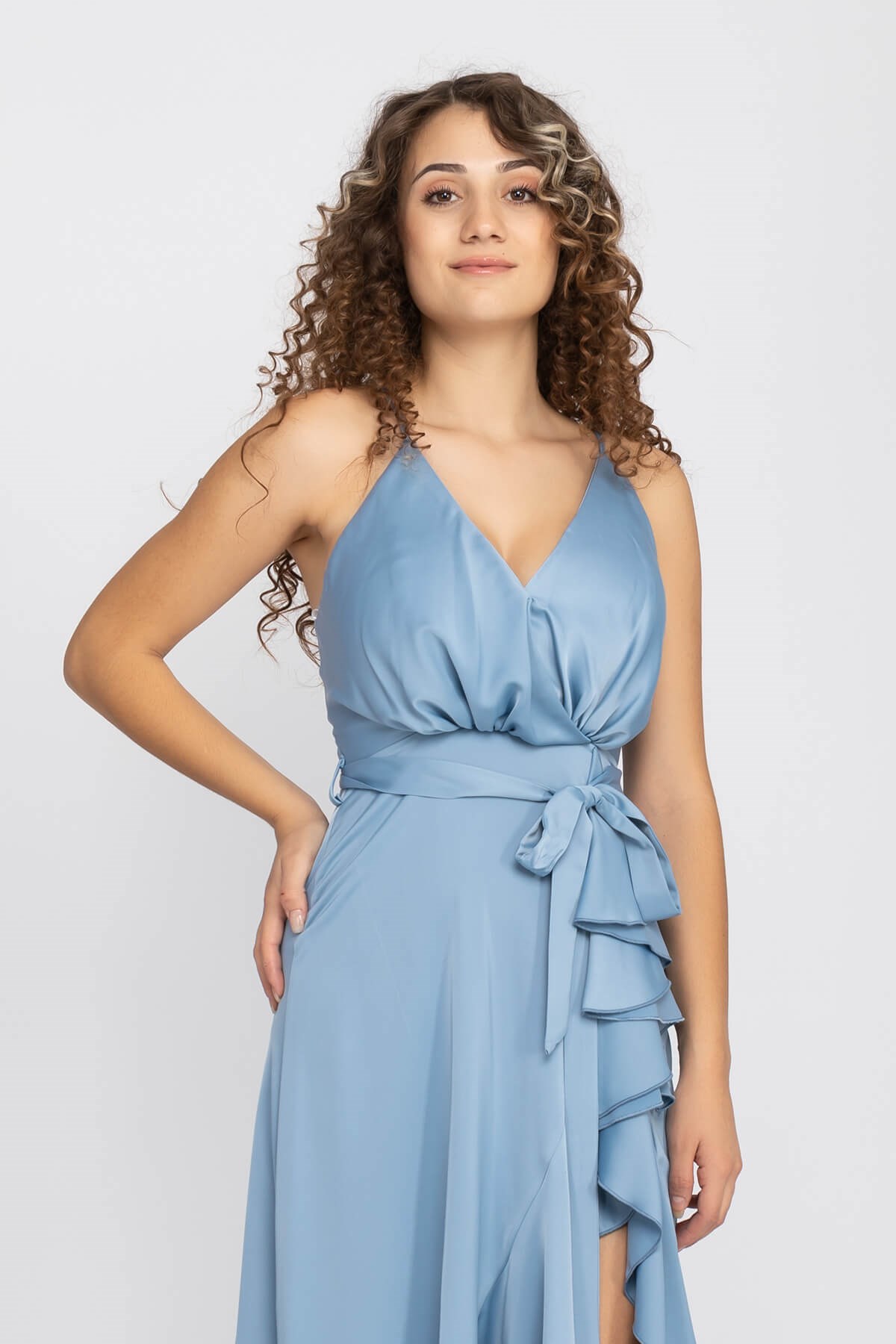 1026 KB Saten Eteği Katkat Uzun Elbise