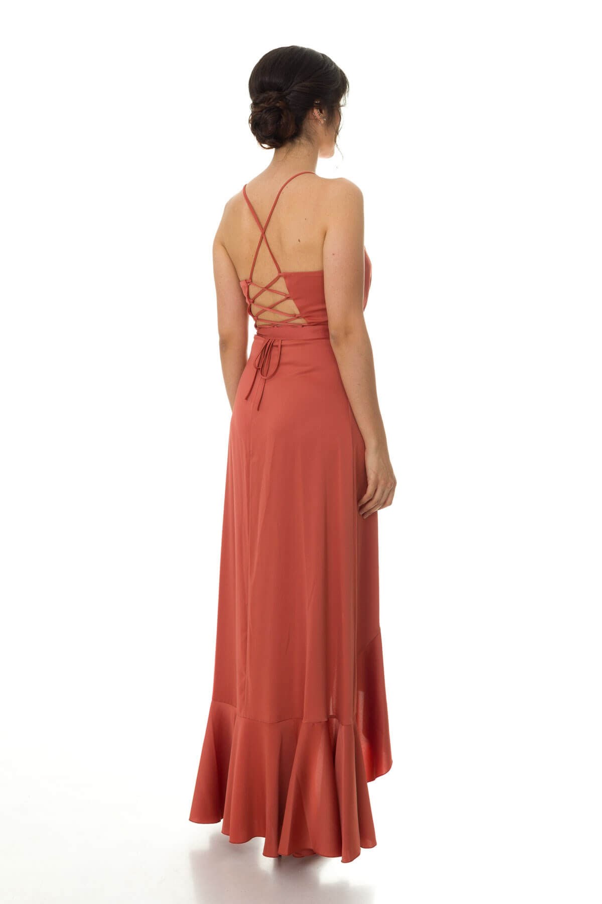 1026 KB Saten Eteği Katkat Uzun Elbise