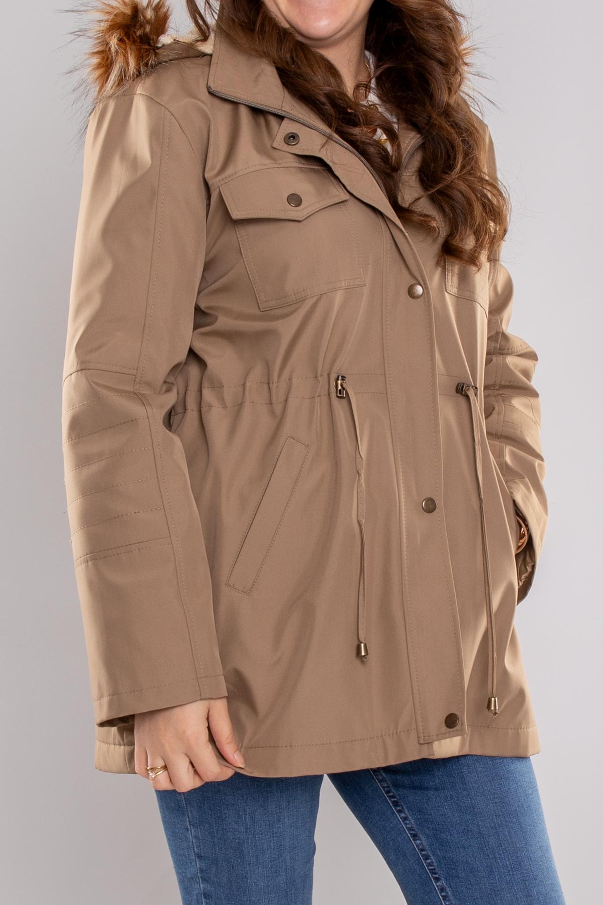 1027 Büyük Beden İçi Kürklü Kapüşonlu 4 Cep Beli Bağcıklı Kadın Kap