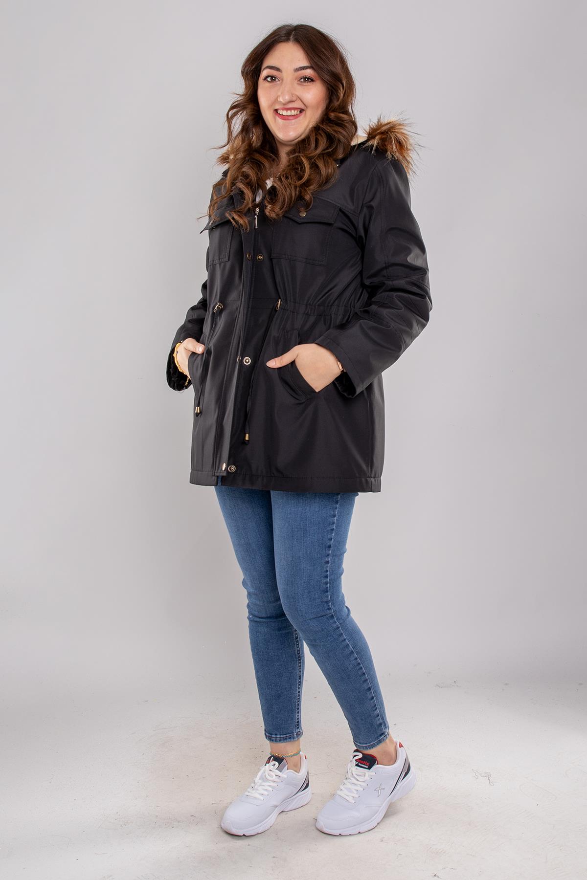 1027 Büyük Beden İçi Kürklü Kapüşonlu 4 Cep Beli Bağcıklı Kadın Kap