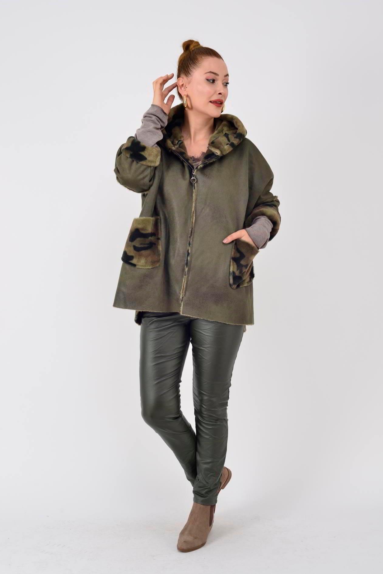 10299-13 Kamuflaj Desen İçi Polar Kapüşonlu Deri Kaban