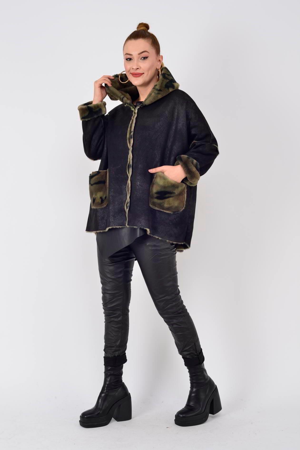 10299-13 Kamuflaj Desen İçi Polar Kapüşonlu Deri Kaban