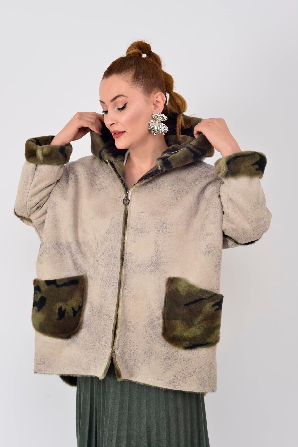 10299-13 Kamuflaj Desen İçi Polar Kapüşonlu Deri Kaban