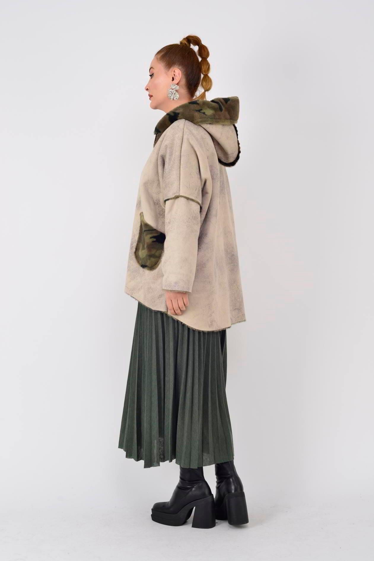 10299-13 Kamuflaj Desen İçi Polar Kapüşonlu Deri Kaban