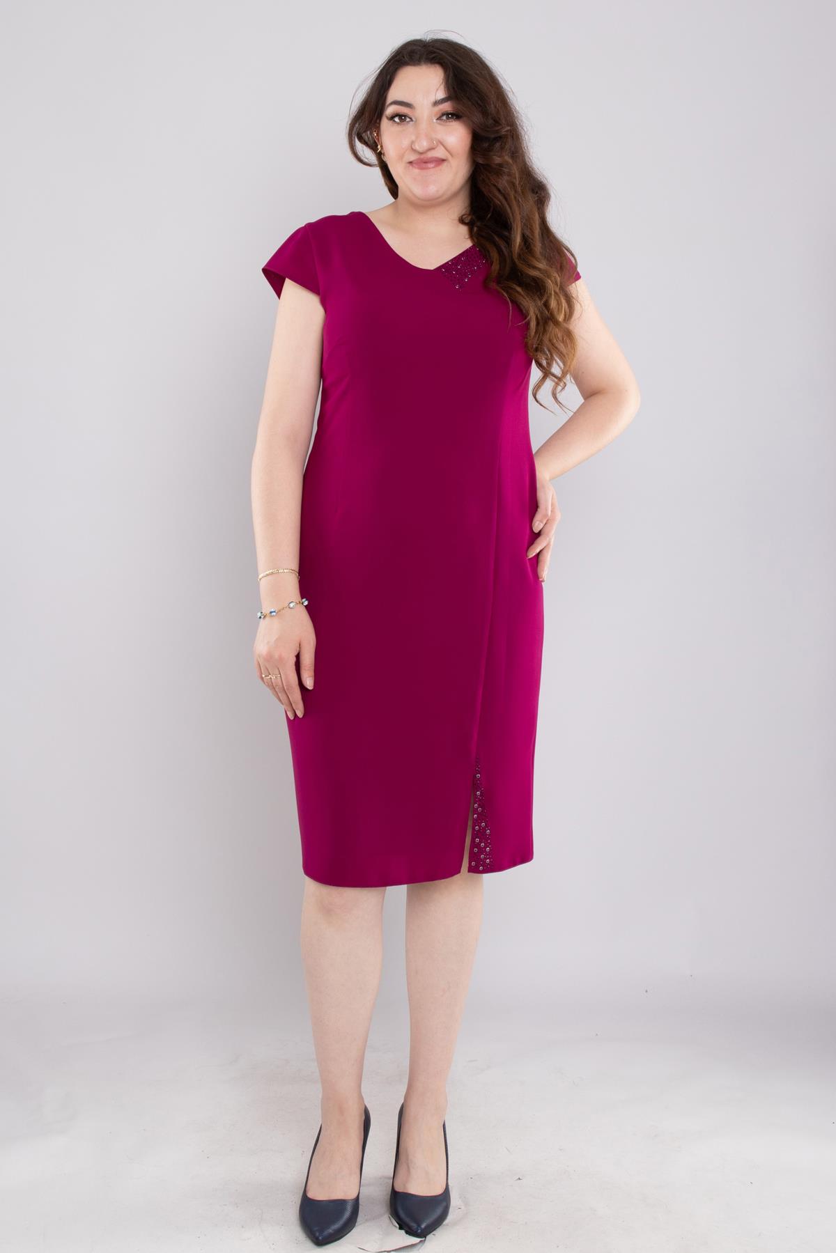 103 Büyük Beden Vyaka Patı Eteği Taşlı Kısa Krep Elbise