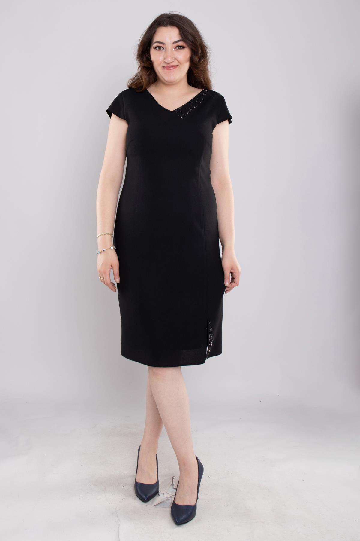 103 Büyük Beden Vyaka Patı Eteği Taşlı Kısa Krep Elbise