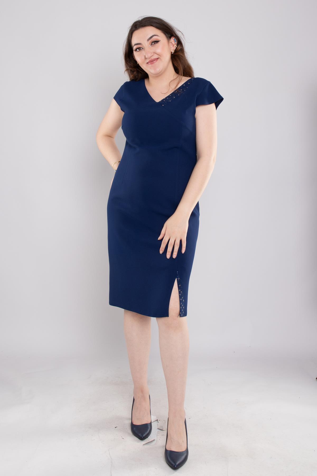 103 Büyük Beden Vyaka Patı Eteği Taşlı Kısa Krep Elbise