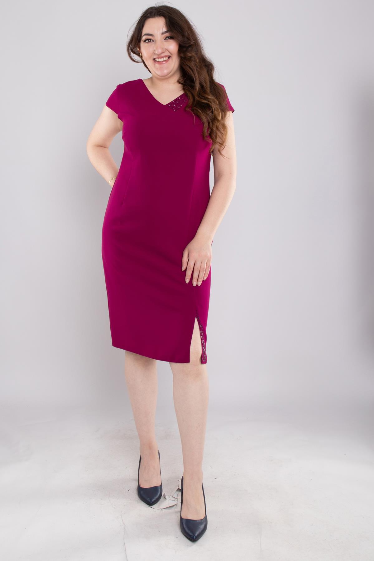 103 Büyük Beden Vyaka Patı Eteği Taşlı Kısa Krep Elbise