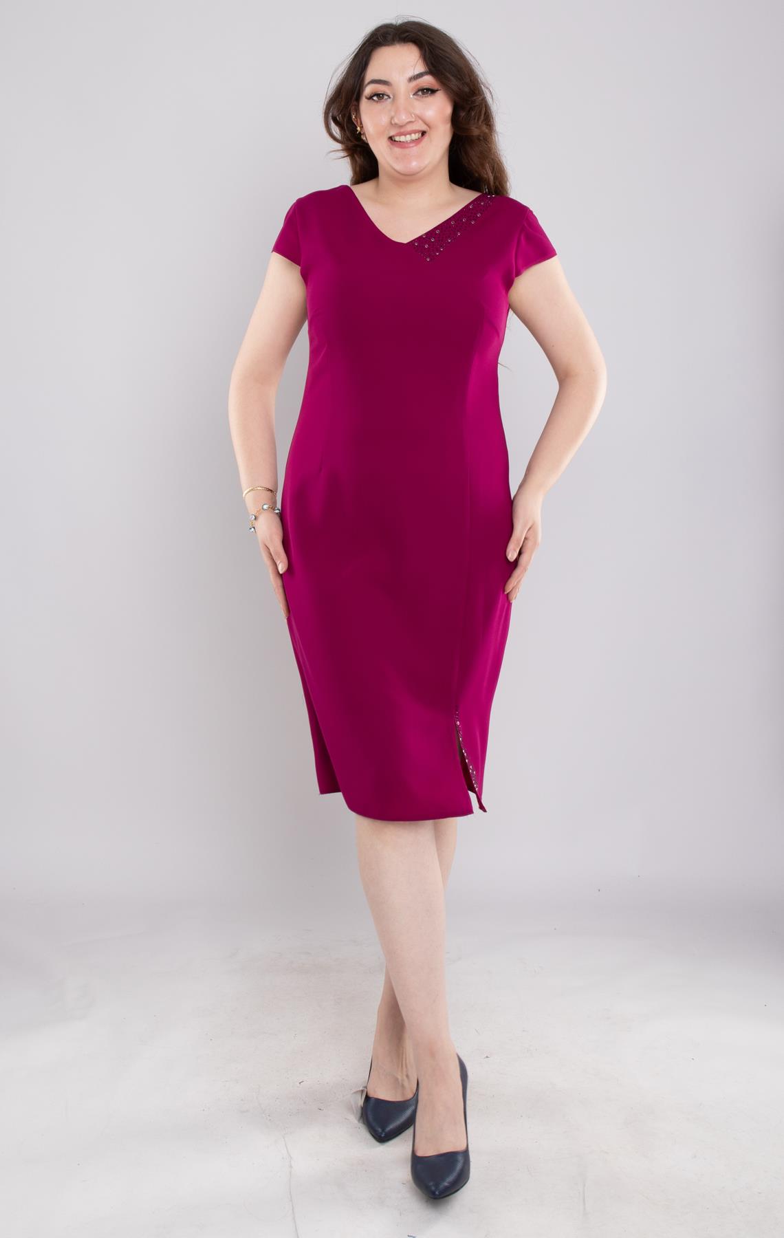 103 Büyük Beden Vyaka Patı Eteği Taşlı Kısa Krep Elbise