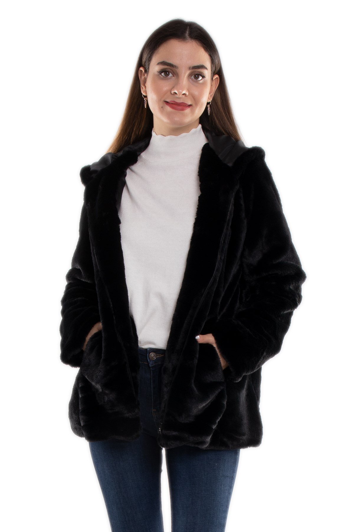 1030-1 Kapüşonlu Peluş Kürklü Ceket