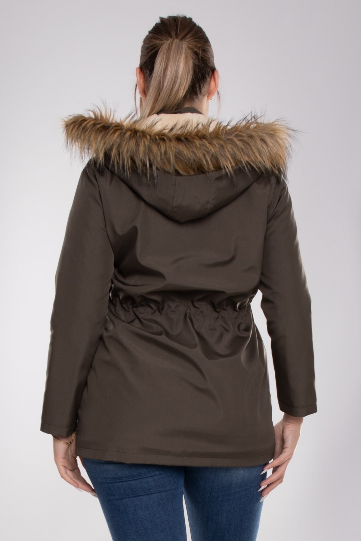 1033 Büyük Beden İçi Kürklü Cep Çıtçıtlı Beli Bağcıklı Kap