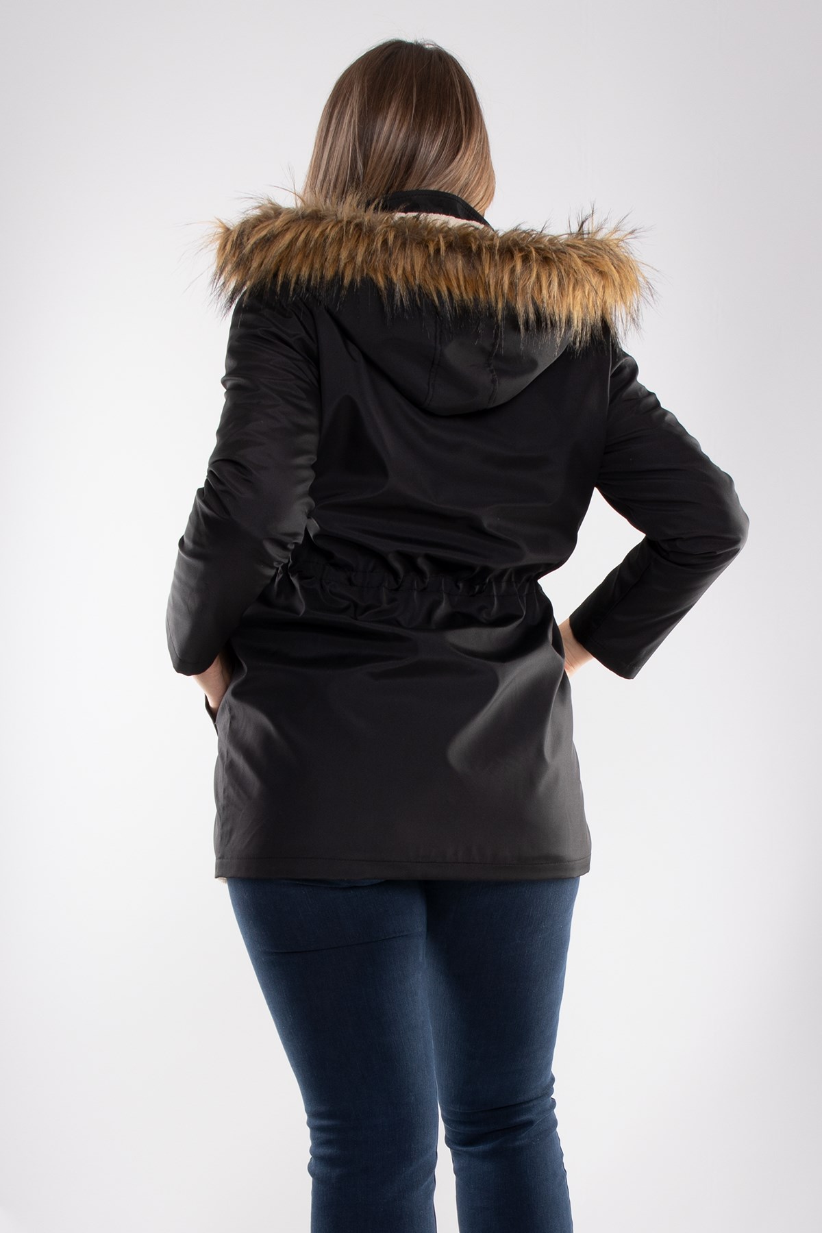 1033 Büyük Beden İçi Kürklü Cep Çıtçıtlı Beli Bağcıklı Kap