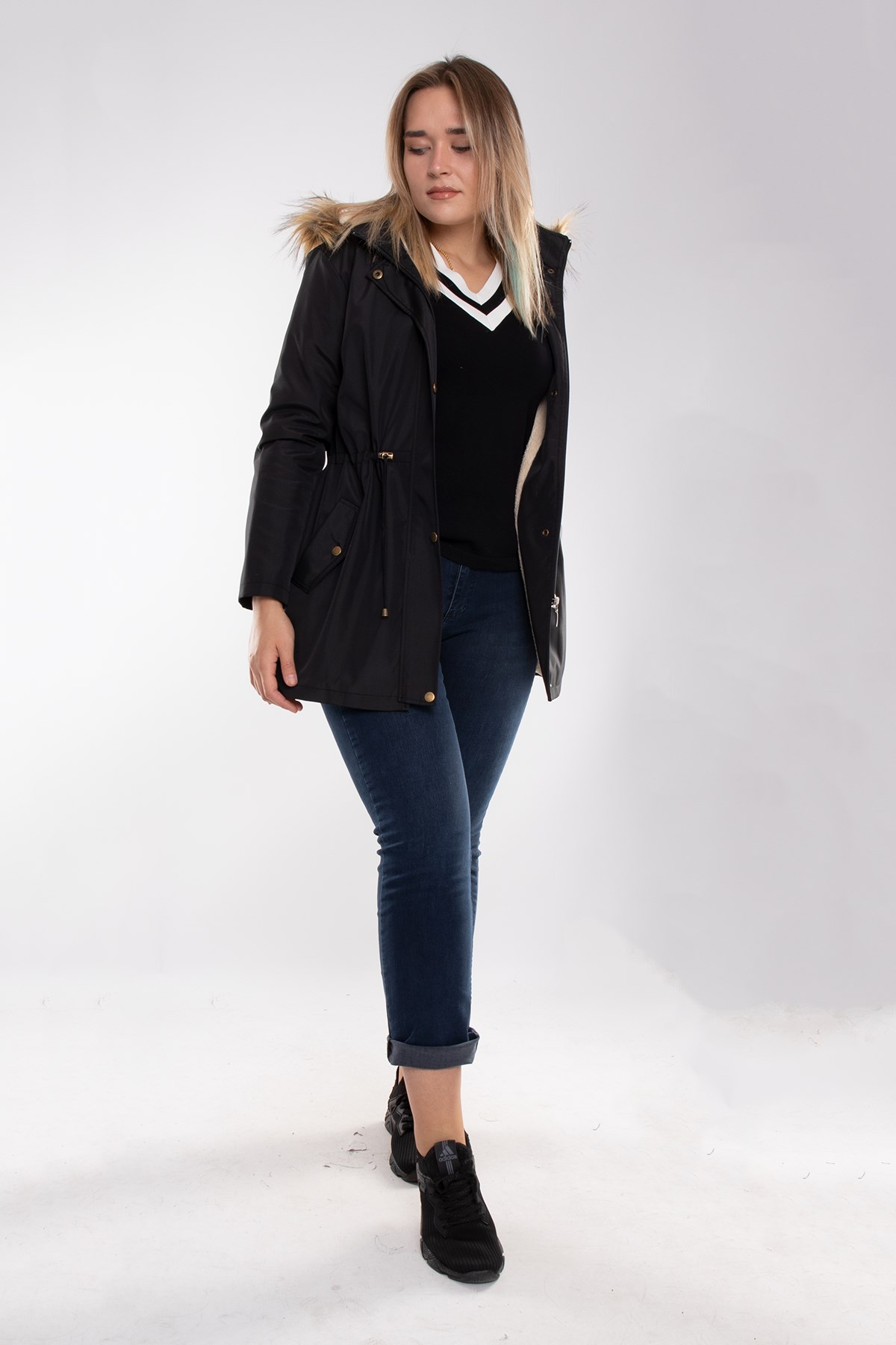 1033 Büyük Beden İçi Kürklü Cep Çıtçıtlı Beli Bağcıklı Kap