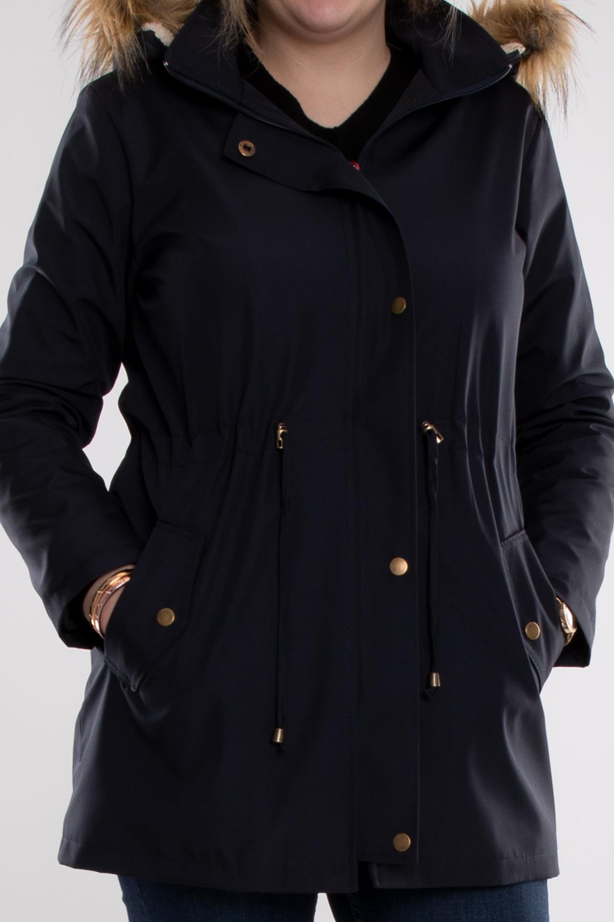 1033 Büyük Beden İçi Kürklü Cep Çıtçıtlı Beli Bağcıklı Kap