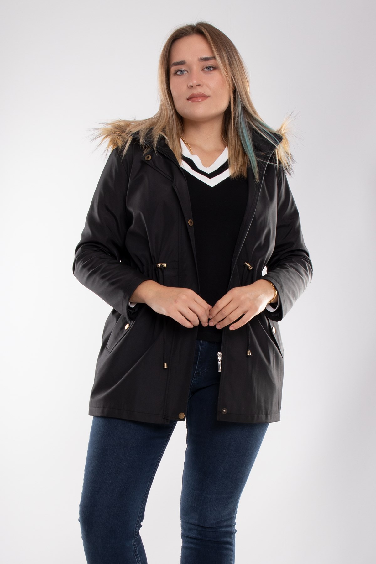 1033 Büyük Beden İçi Kürklü Cep Çıtçıtlı Beli Bağcıklı Kap