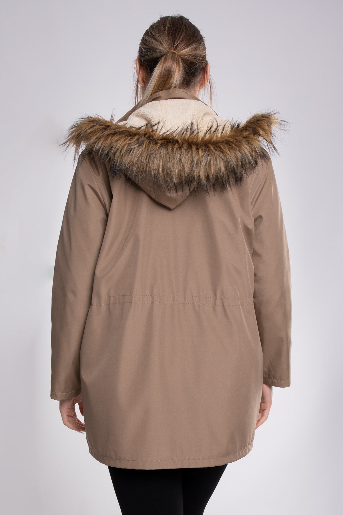 1033 Büyük Beden İçi Kürklü Cep Çıtçıtlı Beli Bağcıklı Kap