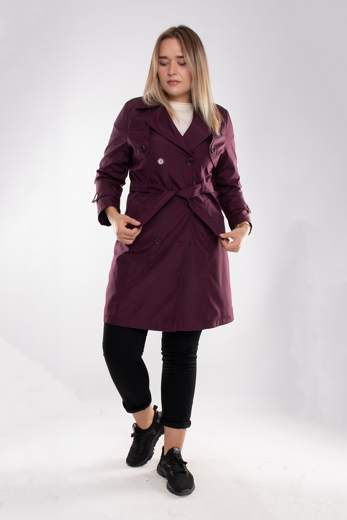 1035 Kolucu Apoletli Kuşaklı Uzun Trençkot