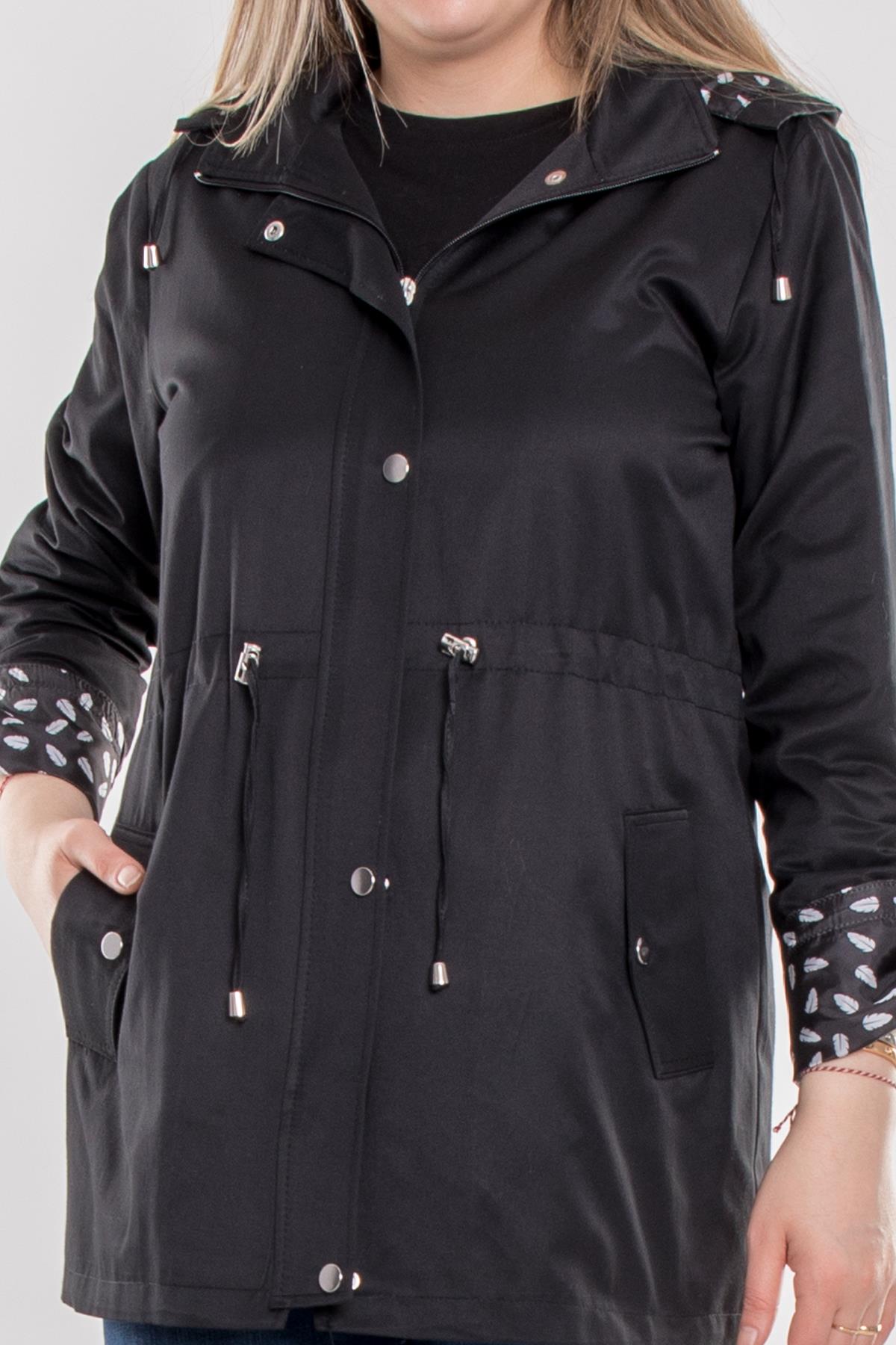 1037 Büyük Beden Cep Detay Kapüşonlu Beli Bağcıklı Kadın Trençkot