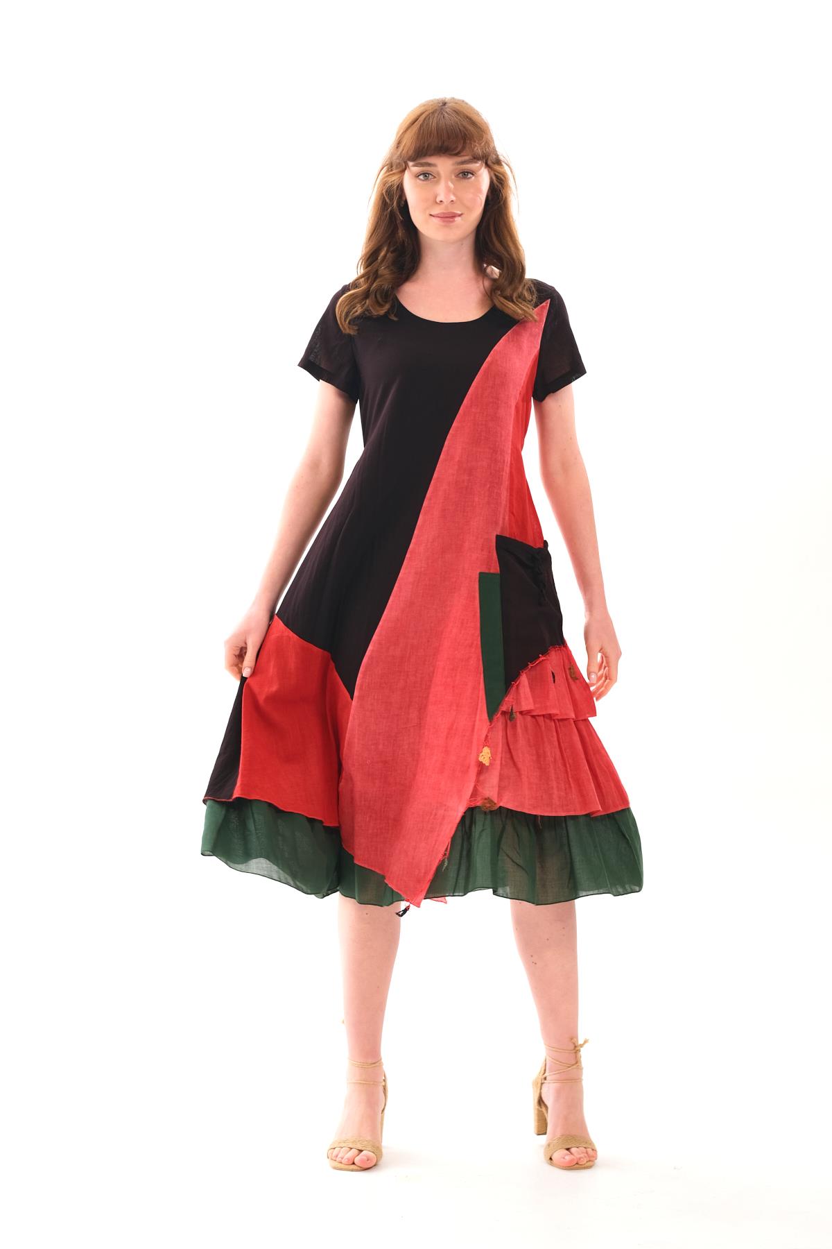 1040 Asimetrik Renkli Kısa Kol Otantik Elbise